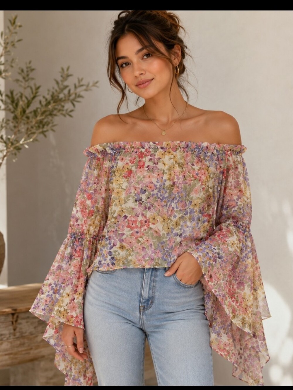 Live 4 Truth Boho Crop Sheer Off Shoulder Floral Top Butterfly Sleeves Medium